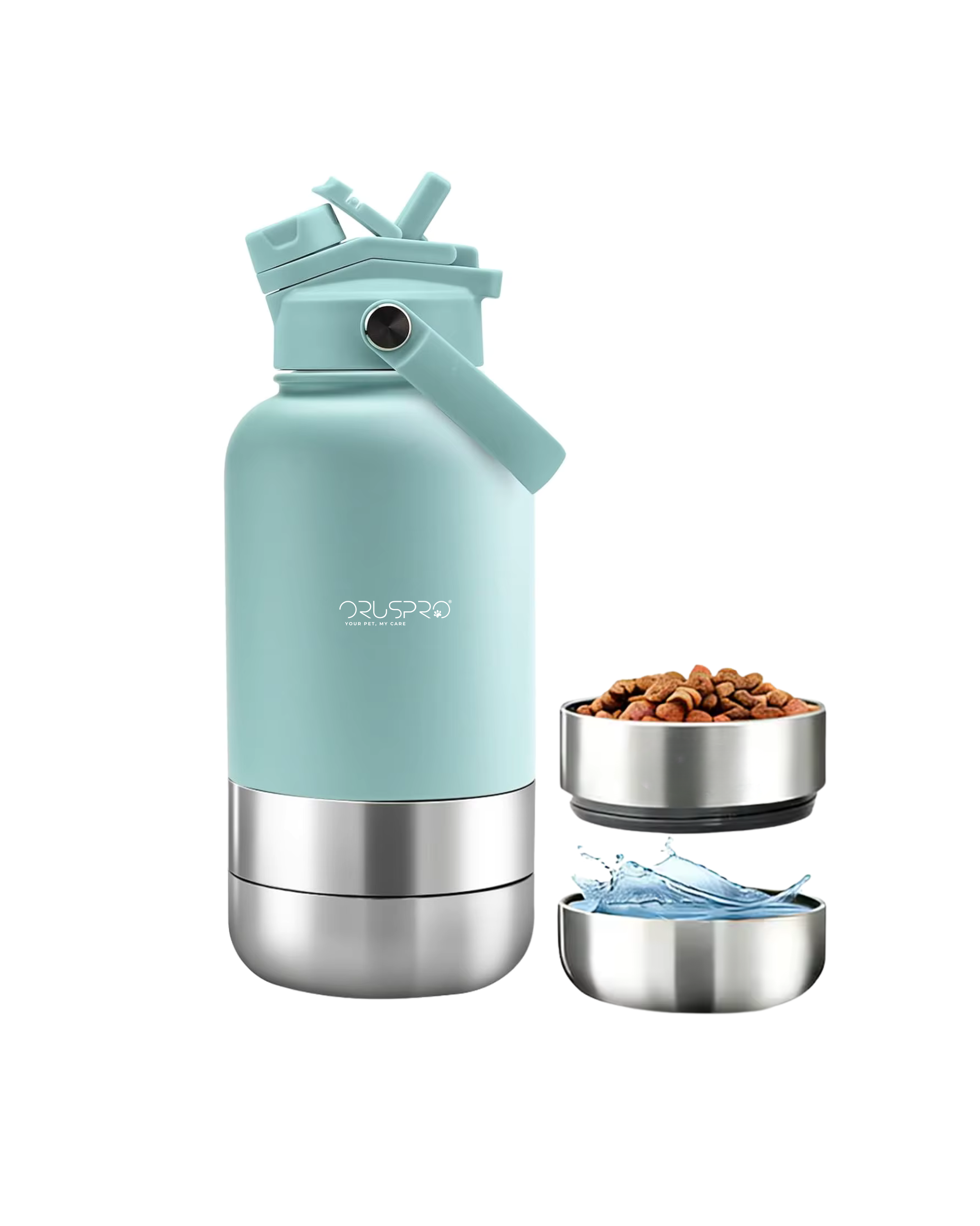 Ronny Steel Water - Borraccia 3 in 1 con doppia ciotola 1L